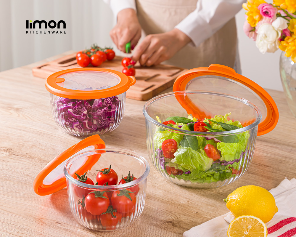 ست کاسه گرد شیشه اي دربدار شیاردار لیمون