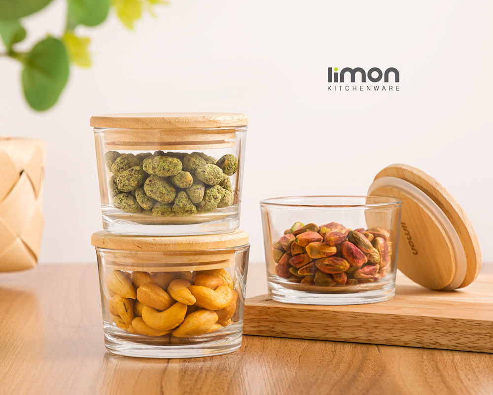 ظرف شیشه ای گرد 190 میلی لیتری کادویی درب چوبی لیمون (3 عددی)
